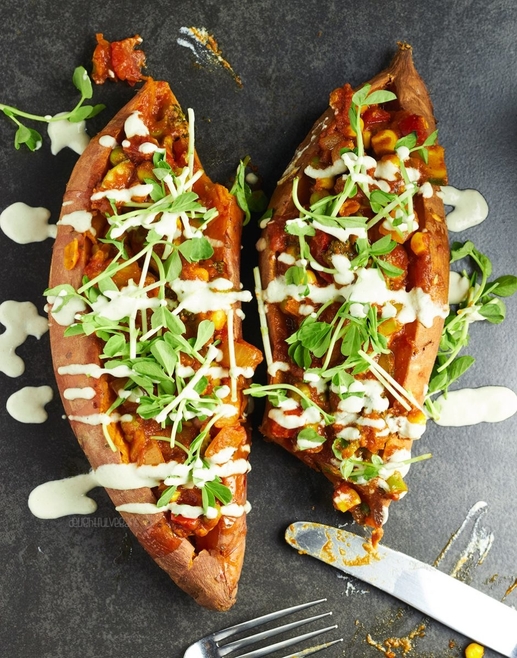 Korma Stuffed Sweet Potatoes by Delightful Vegans