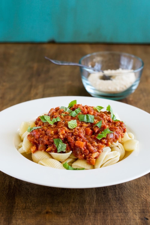 Pasta with Chickpea Meat Sauce - An Unrefined Vegan