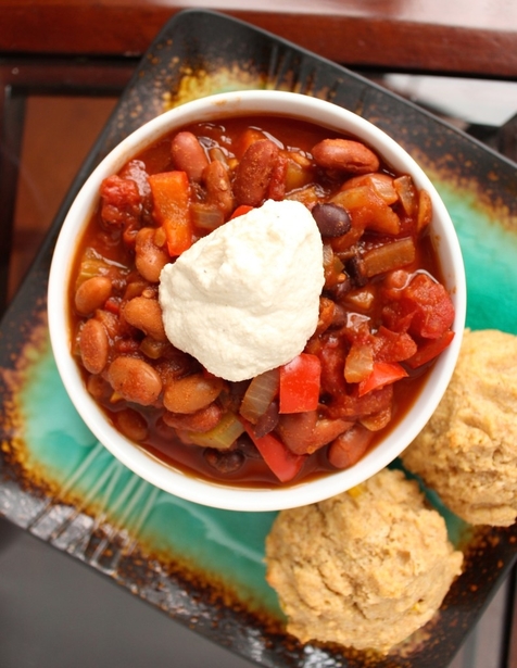 Three Bean Chili with Cashew Cream by The Conscientious Eater